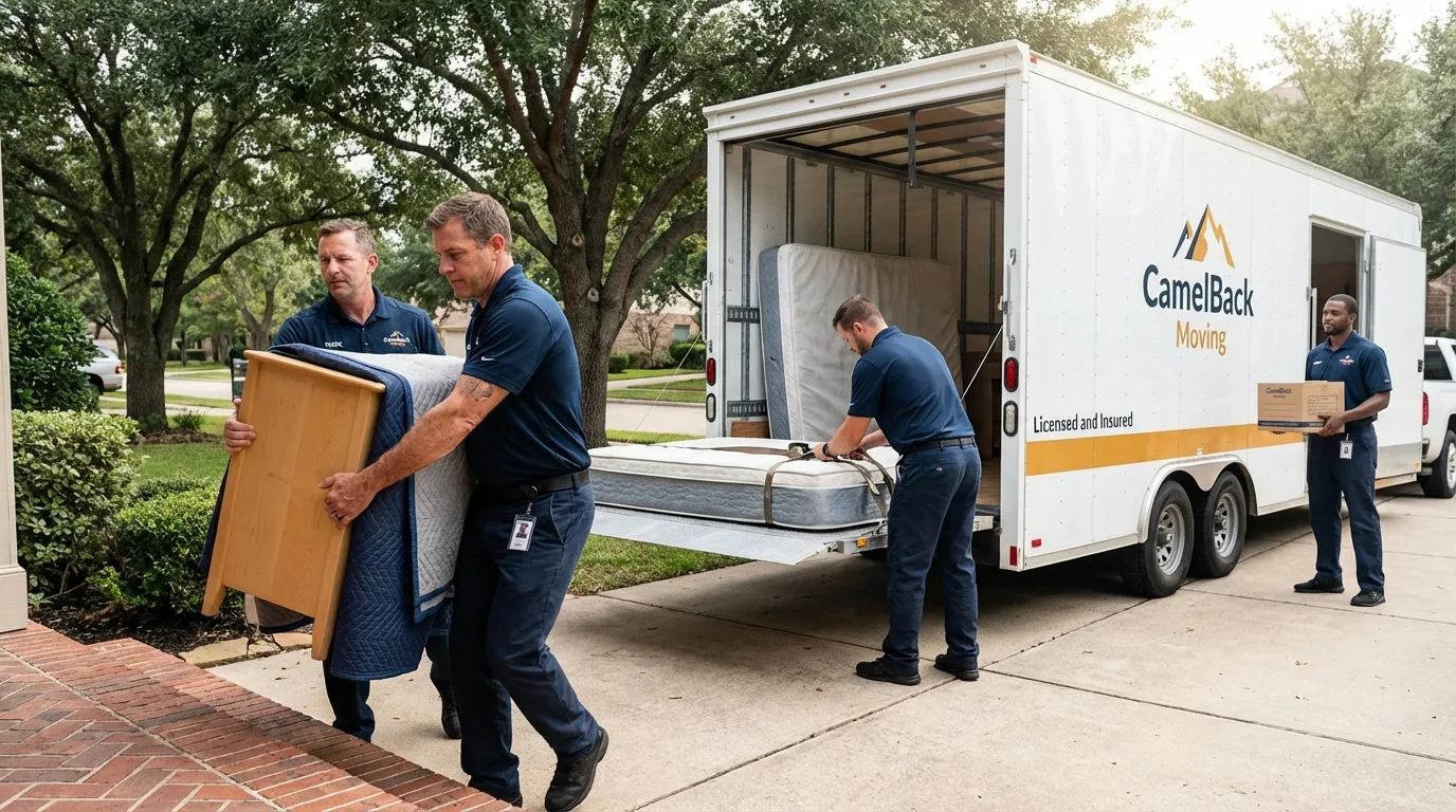 Crew loading residential truck for cross-state move from Bayside, CA