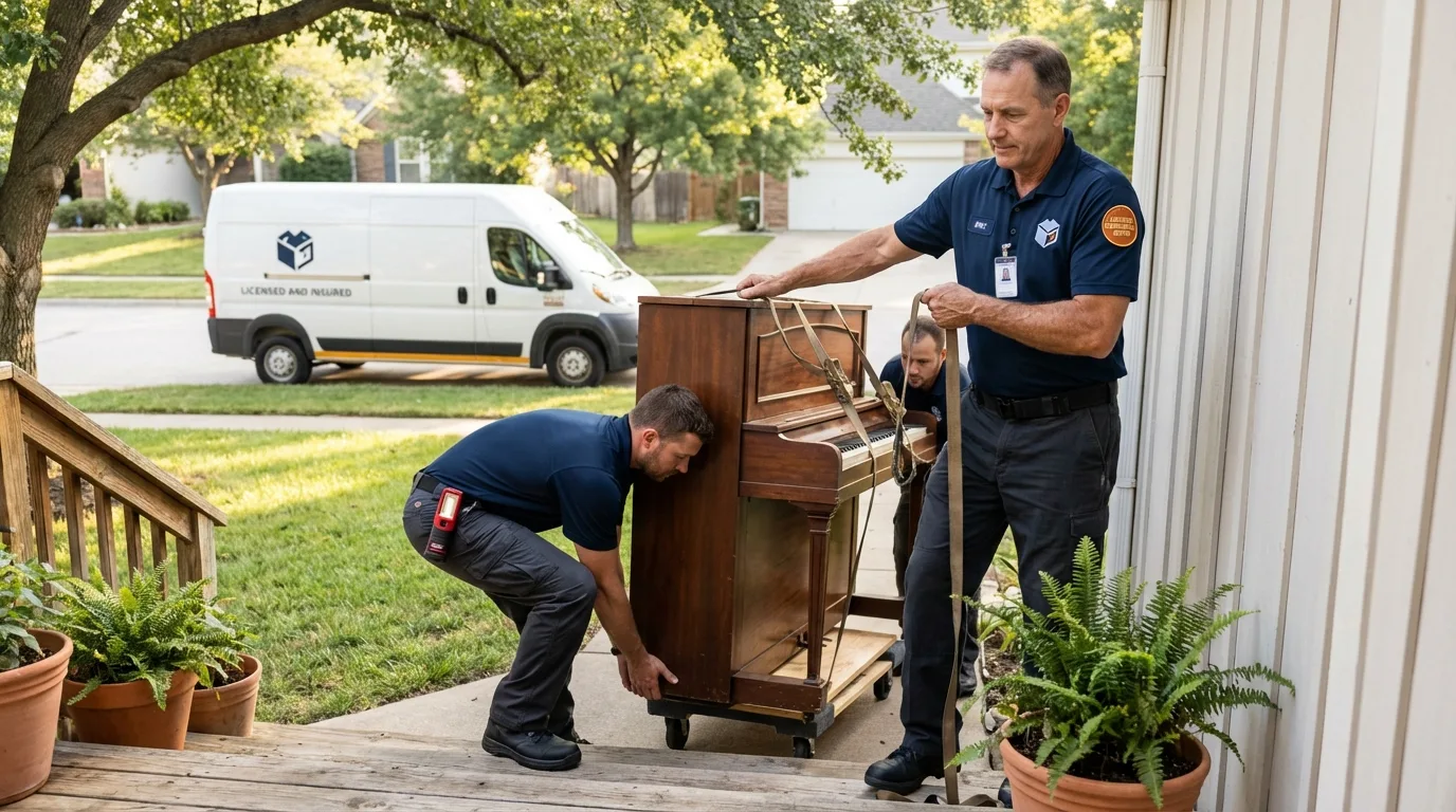 Licensed piano movers securing grand piano in Bayside, CA