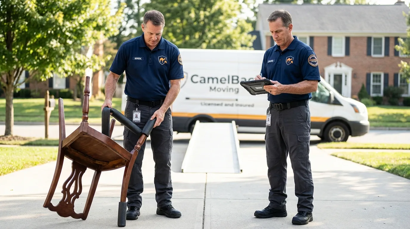 Movers inspecting furniture for damage prevention before loading in Bayside, CA
